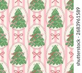 Christmas cute seamless pattern with decorative frames, bows and Christmas trees. Xmas coquette retro print. Elegant trendy background. Vintage holiday ornament for fabric, wrapping paper.