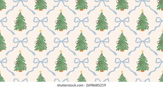 Christmas cute seamless pattern with decorative frames, bows and Christmas trees. Xmas holiday coquette retro. Vintage elegant trendy background. Perfect for fabric, wallpaper, decor, wrapping