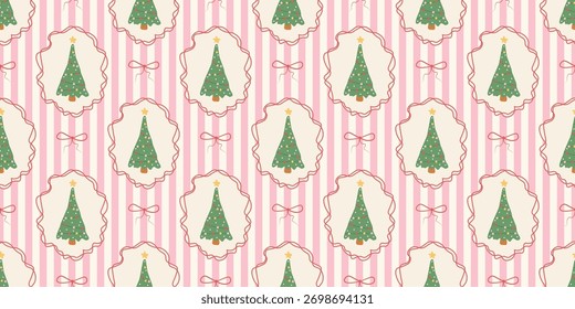 Christmas cute seamless pattern with decorative frames, bows and Christmas trees. Xmas holiday coquette retro. Vintage elegant trendy background. Perfect for fabric, wallpaper, decor, wrapping