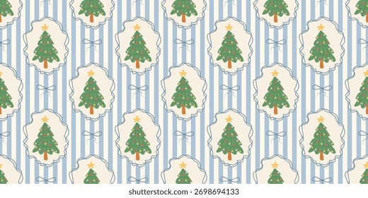 Weihnachten süße nahtlose Muster mit dekorativen Rahmen, Bögen und Weihnachtsbäumen. Weihnachtsferien Coquette Retro. Vintage eleganten trendigen Hintergrund. Perfekt für Stoff, Tapete, Dekor, Verpackung