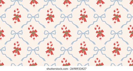 Christmas cute seamless pattern with decorative frames, bows and Candy Cane. Xmas holiday coquette retro. Vintage elegant trendy background. Perfect for fabric, wallpaper, decor, wrapping