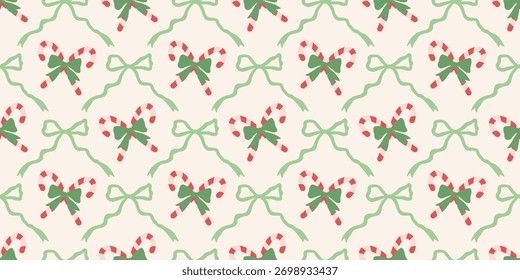 Christmas cute seamless pattern with decorative frames, bows and Candy Cane. Xmas holiday coquette retro. Vintage elegant trendy background. Perfect for fabric, wallpaper, decor, wrapping