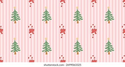 Christmas cute seamless pattern with decorative frames, bows, Christmas Trees, Candy Cane. Xmas coquette retro. Vintage elegant trendy background. Perfect for fabric, wallpaper, decor, wrapping