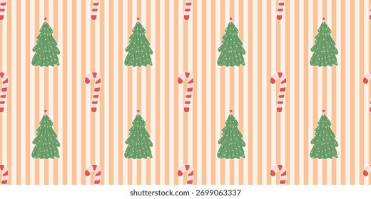 Christmas cute seamless pattern with decorative frames, bows, Christmas Trees, Candy Cane. Xmas coquette retro. Vintage elegant trendy background. Perfect for fabric, wallpaper, decor, wrapping