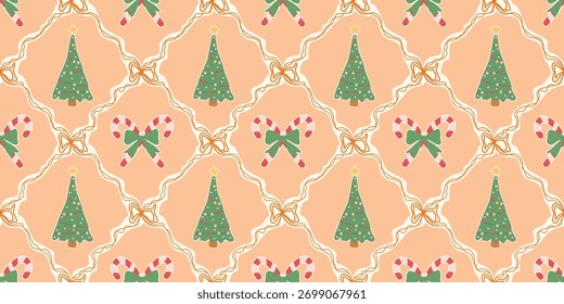 Navidades lindo patrón sin fisuras con marcos decorativos, arcos, árboles de Navidad, bastón de caramelo. Coqueta de Navidad retro. Antiguas elegante fondo de moda. Perfecto para la tela, Fondo de pantalla, decoración, envoltura