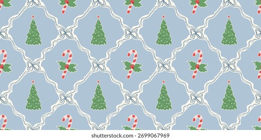Christmas cute seamless pattern with decorative frames, bows, Christmas Trees, Candy Cane. Xmas coquette retro. Vintage elegant trendy background. Perfect for fabric, wallpaper, decor, wrapping
