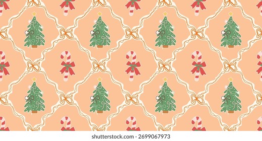 Christmas cute seamless pattern with decorative frames, bows, Christmas Trees, Candy Cane. Xmas coquette retro. Vintage elegant trendy background. Perfect for fabric, wallpaper, decor, wrapping