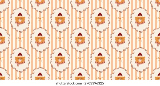 Natal bonito padrão sem costura com quadros decorativos, arcos, animal bonito. Xmas coquette retro. Vintage elegante fundo da moda. Perfeito para tecido, papel de parede, decoração, embrulhar