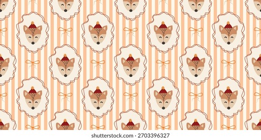 Christmas cute seamless pattern with decorative frames, bows, cute animal. Xmas coquette retro. Vintage elegant trendy background. Perfect for fabric, wallpaper, decor, wrapping