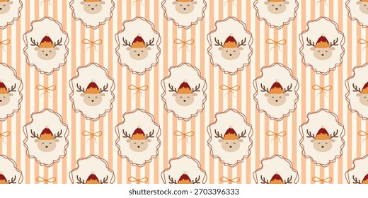 Natal bonito padrão sem costura com quadros decorativos, arcos, animal bonito. Xmas coquette retro. Vintage elegante fundo da moda. Perfeito para tecido, papel de parede, decoração, embrulhar