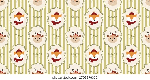 Christmas cute seamless pattern with decorative frames, bows, cute animal. Xmas coquette retro. Vintage elegant trendy background. Perfect for fabric, wallpaper, decor, wrapping