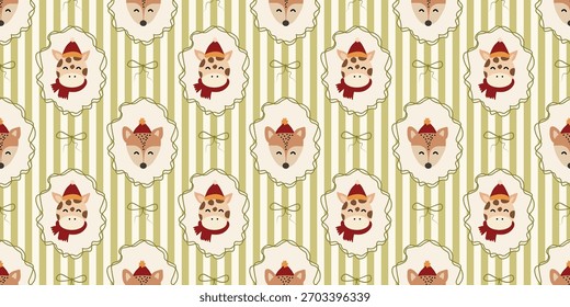 Christmas cute seamless pattern with decorative frames, bows, cute animal. Xmas coquette retro. Vintage elegant trendy background. Perfect for fabric, wallpaper, decor, wrapping