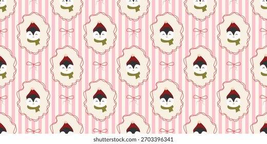 Christmas cute seamless pattern with decorative frames, bows, cute animal. Xmas coquette retro. Vintage elegant trendy background. Perfect for fabric, wallpaper, decor, wrapping