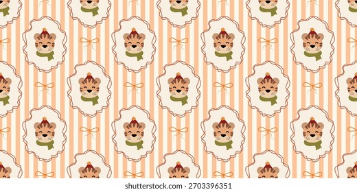 Christmas cute seamless pattern with decorative frames, bows, cute animal. Xmas coquette retro. Vintage elegant trendy background. Perfect for fabric, wallpaper, decor, wrapping
