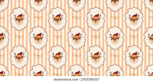 Christmas cute seamless pattern with decorative frames, bows, cute animal. Xmas coquette retro. Vintage elegant trendy background. Perfect for fabric, wallpaper, decor, wrapping
