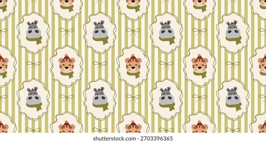 Christmas cute seamless pattern with decorative frames, bows, cute animal. Xmas coquette retro. Vintage elegant trendy background. Perfect for fabric, wallpaper, decor, wrapping
