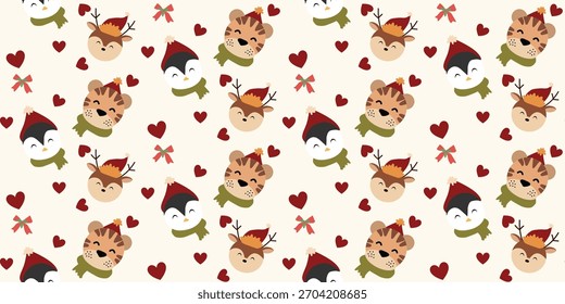 Christmas cute seamless pattern with decorative frames, bows, love, cute animal. Xmas coquette retro. Vintage elegant trendy background. Perfect for fabric, wallpaper, decor, wrapping
