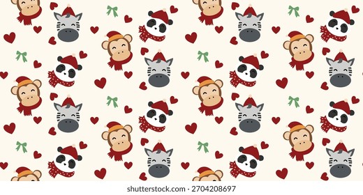 Christmas cute seamless pattern with decorative frames, bows, love, cute animal. Xmas coquette retro. Vintage elegant trendy background. Perfect for fabric, wallpaper, decor, wrapping
