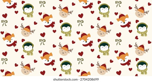 Christmas cute seamless pattern with decorative frames, bows, love, cute animal. Xmas coquette retro. Vintage elegant trendy background. Perfect for fabric, wallpaper, decor, wrapping