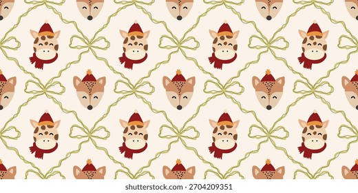 Weihnachten niedlichen nahtlosen Muster mit dekorativen Rahmen, Bögen, Liebe, niedliche Tier. Weihnachtscoquette Retro. Vintage eleganten trendigen Hintergrund. Perfekt für Stoff, Tapete, Dekor, Verpackung