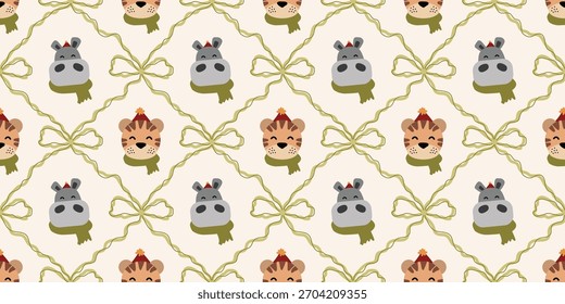 Natal bonito padrão sem costura com quadros decorativos, arcos, amor, animal bonito. Xmas coquette retro. Vintage elegante fundo da moda. Perfeito para tecido, papel de parede, decoração, embrulhar