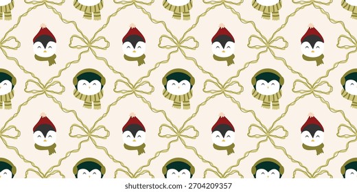 Christmas cute seamless pattern with decorative frames, bows, love, cute animal. Xmas coquette retro. Vintage elegant trendy background. Perfect for fabric, wallpaper, decor, wrapping