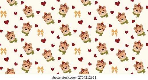 Navidades lindo patrón sin fisuras con marcos decorativos, arcos, lindo animal. Lindo patrón de tigre. Coqueta de Navidad retro. Antiguas elegante fondo de moda. Perfecto para la tela, Fondo de pantalla, decoración, envoltura