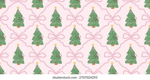 Weihnachten süße nahtlose Muster mit dekorativen Rahmen, Bögen und Weihnachtsbäumen. Weihnachtsferien Coquette Retro. Vintage eleganten trendigen Hintergrund. Perfekt für Stoff, Tapete, Dekor, Verpackung