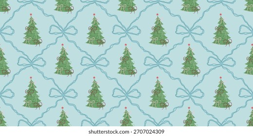 Christmas cute seamless pattern with decorative frames, bows and Christmas trees. Xmas holiday coquette retro. Vintage elegant trendy background. Perfect for fabric, wallpaper, decor, wrapping