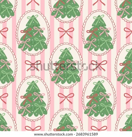 Christmas cute seamless pattern with decorative frames, bows and Christmas trees. Xmas coquette retro print. Elegant trendy background. Vintage holiday ornament for fabric, wrapping paper.