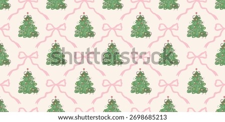 Christmas cute seamless pattern with decorative frames, bows and Christmas trees. Xmas holiday coquette retro. Vintage elegant trendy background. Perfect for fabric, wallpaper, decor, wrapping