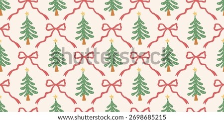 Christmas cute seamless pattern with decorative frames, bows and Christmas trees. Xmas holiday coquette retro. Vintage elegant trendy background. Perfect for fabric, wallpaper, decor, wrapping