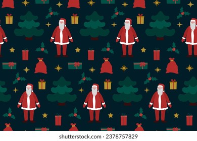 Christmas cute seamless pattern . A festive trees, Santa, winter decor and gifts. Can be used for fabric, textile, clothing, wallpapers or scrap booking. Vector illustration.
