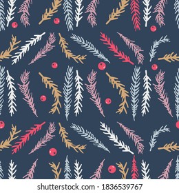 Christmas cute seamless pattern with fir branches and berries