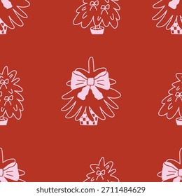 Christmas cute seamless pattern. Holiday red Xmas print. Hand drawn doodle Christmas trees. Vector background for wrapping paper, textile.