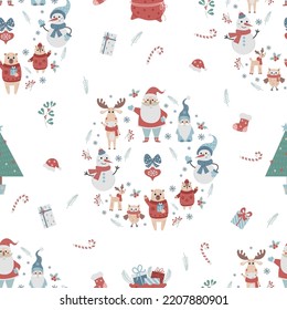Christmas cute seamless pattern. New Years Santa characters, snowman and cute animals on white background with Christmas tree and gifts. Vector christmas ornament for decor, design. kids collection