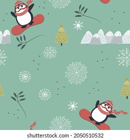 Christmas cute seamless pattern with a penguin on a snowboard, elements of winter colors, with a herringbone, and mountains.