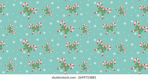 Christmas cute seamless pattern with snowflake, bows, Candy Cane. Xmas coquette retro. Vintage elegant trendy background. Perfect for fabric, wallpaper, decor, wrapping