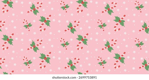 Christmas cute seamless pattern with snowflake, bows, Candy Cane. Xmas coquette retro. Vintage elegant trendy background. Perfect for fabric, wallpaper, decor, wrapping