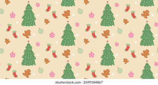 Natal bonito padrão sem emenda. Xmas coquette retro. Vintage elegante fundo da moda. Perfeito para tecido, papel de parede, decoração, embrulhar
