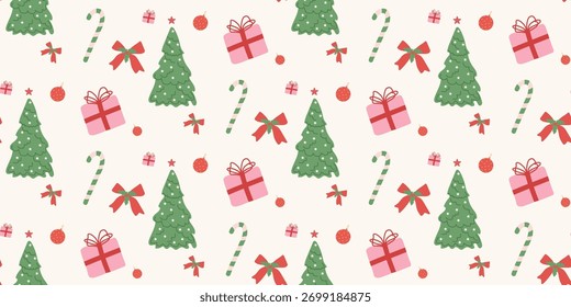 Natal bonito padrão sem emenda. Xmas coquette retro. Vintage elegante fundo da moda. Perfeito para tecido, papel de parede, decoração, embrulhar