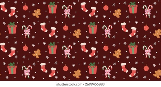 Christmas cute seamless pattern. Xmas coquette retro. Vintage elegant trendy background. Perfect for fabric, wallpaper, decor, wrapping