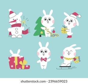 Christmas cute set of baby rabbits. Bundle of vector rabbit characters for children. Vector isolated illustration