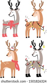 Christmas cute set of deers with lights, snow balls, scarf and bow. Deers wearing snow boots. Christmas characters collection.