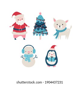 Christmas cute set in hand drawn style includes animals, Santa and other elements. Vector illustration on white background.