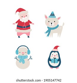 Christmas cute set in hand drawn style includes animals, Santa, and other elements. Vector holiday winter doodle illustration on a white background.