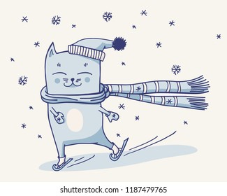 Christmas cute skating cat in a striped scarf. Winter sports. Vector blue and white illustration with hand drawn doodle kitty, mittens and snowflakes.