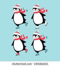 Christmas cute skating penguins vector set. Christmas character.