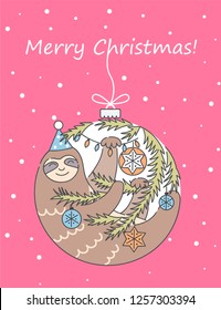 Christmas cute sloth, merry christmas card, vector illustation