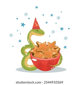 Christmas cute snake with a bowl of cookies. Symbol of Chinese 2025 new year. Flat style